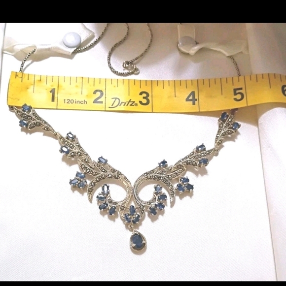 925 Genuine Blue Sapphire 28 Stones Marcasite Victorian Style Necklace 19"X5" - Picture 2 of 13